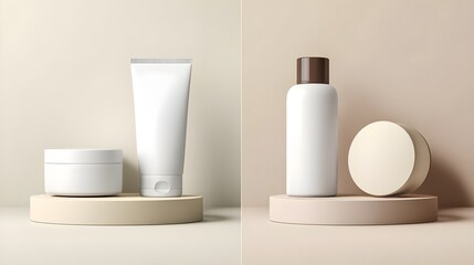 Minimal product mockups with empty cosmetic containers on pastel backgrounds and soft shadows.
Concept:Modern branding, minimal design, clean aesthetics, cosmetic mockups and creative presentations.