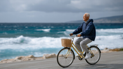 Senior cycling by the beach with a vintage bike and water bottle
