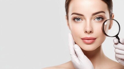 Woman's flawless skin examined by magnifying glass