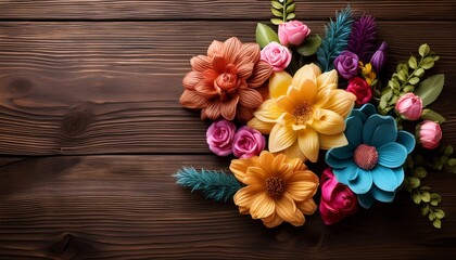 colorful artificial flowers arranged beautifully on wooden surface
