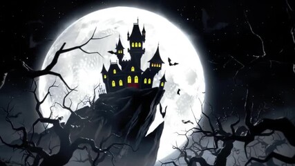 Spooky Halloween Castle on Clifftop Silhouette Against a Full Moon Animated Background