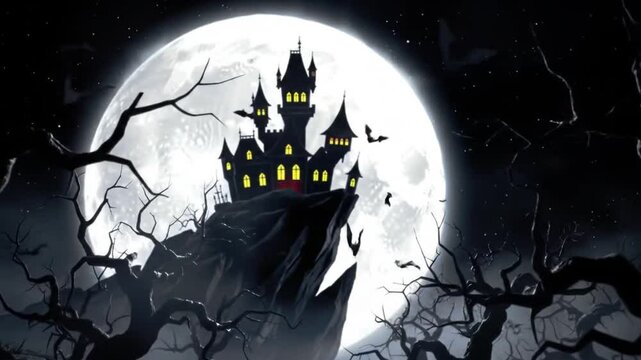 Spooky Halloween Castle on Clifftop Silhouette Against a Full Moon Animated Background