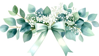 Elegant Watercolor Eucalyptus Garland with Baby’s Breath and Soft Green Satin Bow