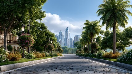 Obraz premium Wide-angle view of an urban road lined with decorative streetlights and tall office buildings on a cloudless day.