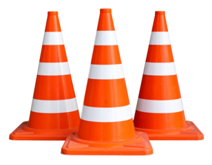 Set of Damaged and Tilted Traffic Cones Showing Wear and Tear, isolated on a transparent background