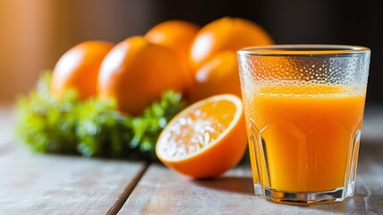 Close-up of freshly squeezed orange juice in clear glass, bright citrus pulp, lively and refreshing atmosphere