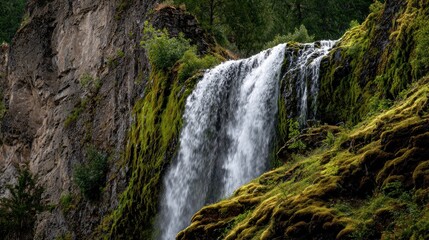 Obraz premium Lush greenery flanks a cascading waterfall tumbling down mossy rocks