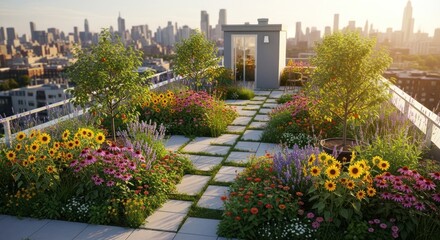 A rooftop garden with flowers and trees overlooking a city skyline at sunset with a small building