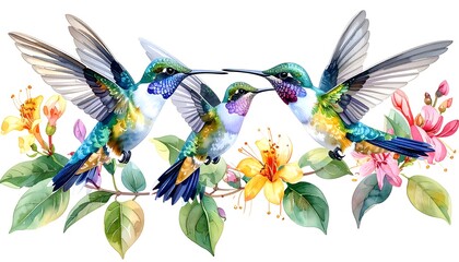 Vibrant Watercolor Hummingbirds with Pink and Yellow Blossoms in Botanical Arrangement