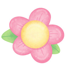 Pink Petal Flower with Yellow Center and Green Leaves, Watercolor Illustration
