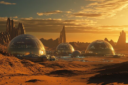 futuristic Mars base cityskyline with terraforming domes