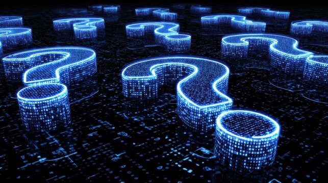 Glowing blue large question marks on a digital grid background, symbolizing inquiry, uncertainty, and the search for knowledge in a technological context