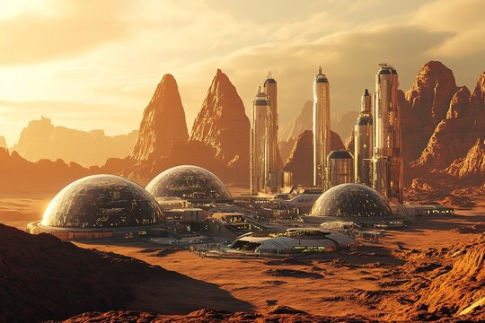 futuristic Mars base cityskyline with terraforming domes - Powered by Adobe