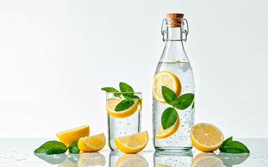 Glass Bottle and Glass of Water with Lemon and Mint on White Table and Background