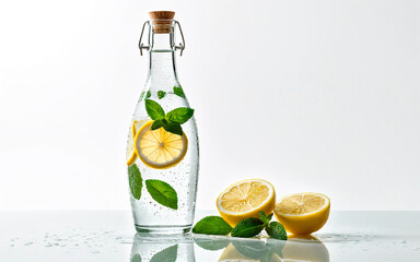 Glass Bottle of Water with Lemon and Mint on White Table and Background