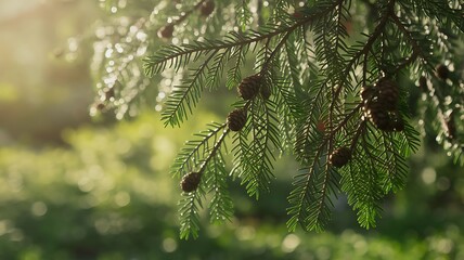 Pine branches, bright green shades, sharp bunches of needles, small brown cones