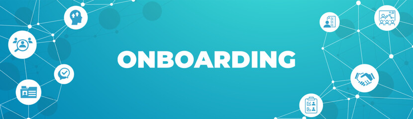 Onboarding vector illustration. Concept with connected icons related to welcoming new hire, welcome culture in the company, employee satisfaction, talent retention, workforce training.