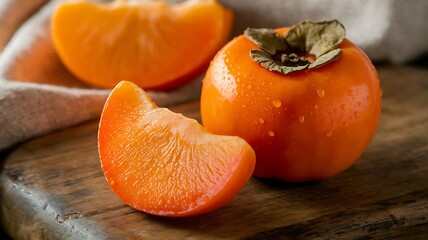A detailed photograph of half a persimmon, the juicy fibrous interior exposed