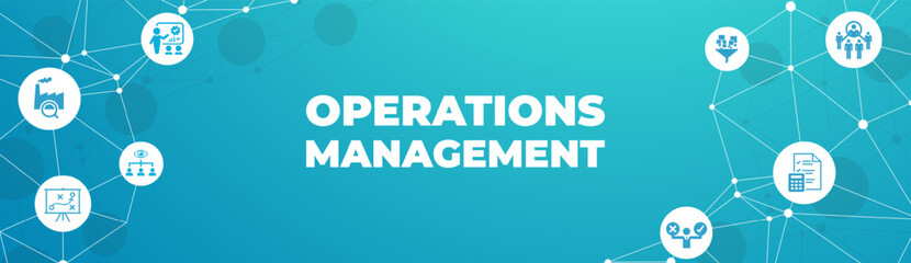 Operations management vector illustration. Blue concept related to organization, project planning and strategy, material flow, input and output.