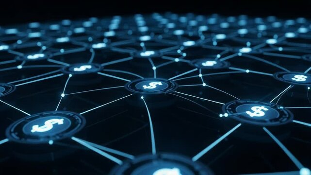 A digital network of dollar symbols connected by glowing lines represents the future of online banking and cryptocurrency