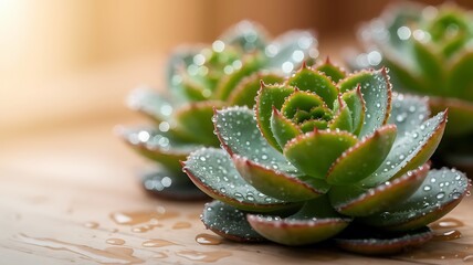 Macro photography of succulents, leaf texture in sharp focus, water droplets glistening on surface, vibrant green tones.