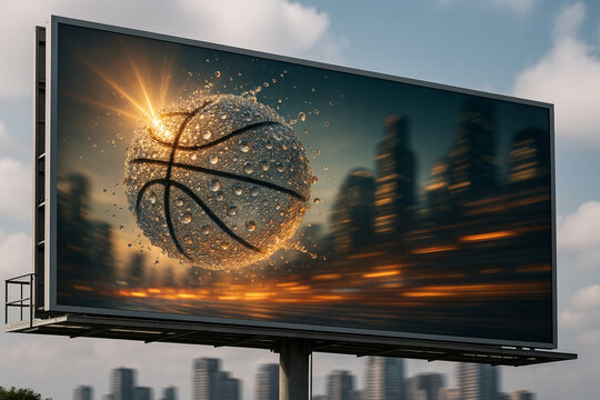 Futuristic basketball made of water droplets on a billboard in the city - Powered by Adobe