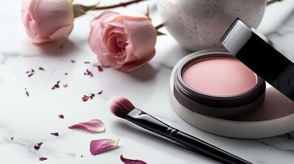 Elegant beauty still life featuring delicate pink roses, loose petals, luxurious makeup and stylish cosmetic brush on a marble surface.