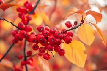 Clusters of small red berries hang from a branch with vibrant yellow and orange leaves in the soft sunlight of autumn
