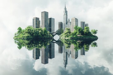 mirrored twin cityskyline on two floating islands