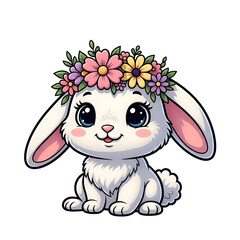 Fototapeta premium Cartoon bunny with big eyes and flower crown on a black background in a vector illustration style