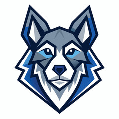 Stylized canine head shows a wolf with blue eyes and geometric shapes