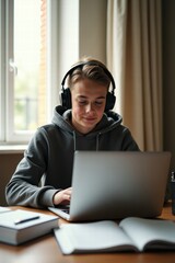 teenager studying online at home