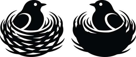 Minimalist Black and White Bird in Nest Logo Design  Silhouette Style Vector Art,Minimalist Black and White Bird in Nest Logo

