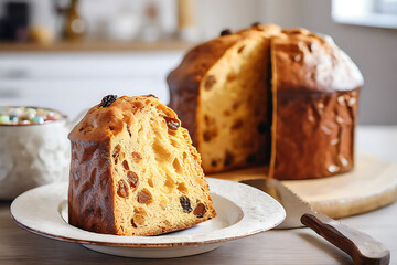 A slice of panettone showcasing its fluffy texture and candied fruits, with a whole panettone behind.