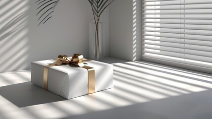 Elegant White Gift Box Adorned with Golden Ribbon, Bathed in Natural Light, with Vase and Window Blinds Creating Shadows