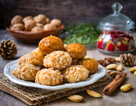 An assortment of traditional Catalan panellets, accompanied by natural ingredients and autumnal decoration
