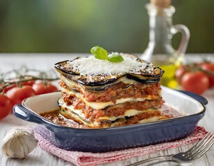 Traditional Italian Parmigiana di Melanzane with Layers of Eggplant, Tomato Sauce, and Melted Cheese