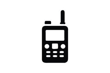 Professional Black and White Icon of a Modern Two-Way Radio Handheld Transceiver Device for Emergency Services, Security Personnel, or Construction Workers, Isolated on White Background, Minimalist St