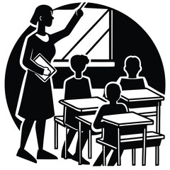 Classroom Silhouette Teacher and Students in a Row at Desks