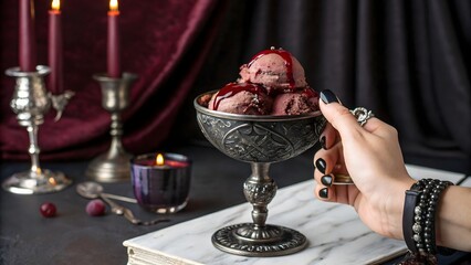 Gothic Black Cherry Ice Cream in an Ornate Goblet