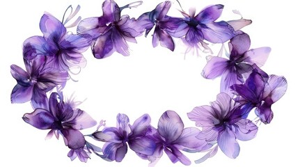 A beautiful wreath of delicate purple flowers set on a white background