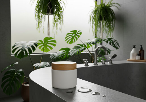 Ultra-realistic 3D render of a cosmetic skincare cream jar with wooden lid in luxury spa bathroom with natural plants, blank product mockup for branding. - Powered by Adobe