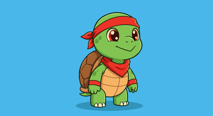 Cute Cartoon Turtle Character with Red Bandana. Adorable cartoon green turtle mascot with a red bandana. Friendly, cute character. Ideal for children's themes, animal-related content, and branding