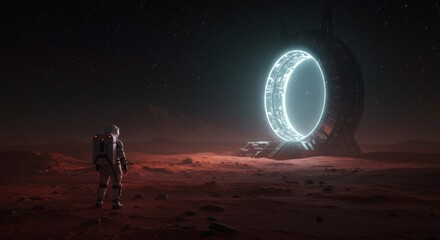 Mars Portal Lone astronaut gazes at glowing gateway on red planet.