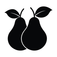 Simple black silhouette icon of two pears with leaves on white background