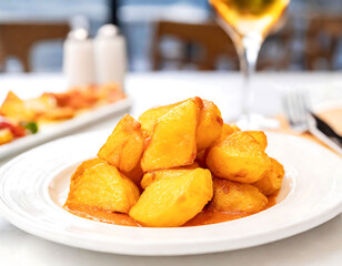 Traditional Spanish Patatas Bravas Served on a White Plate with Sauce