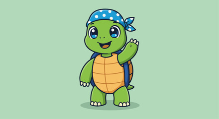 Cute Cartoon Turtle Character with Blue Polka Dot Bandana (Standing). Friendly, cute character. Ideal for children's themes, animal-related content, and playful branding.