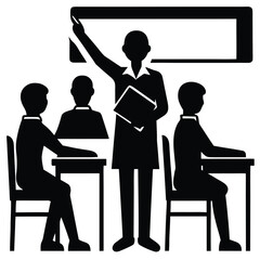 Classroom Silhouette Teacher and Students in a Row Various Poses