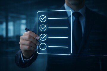 Businessman's finger presses a virtual button on a futuristic touchscreen, symbolizing digital innovation and network communication