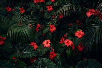 Naklejka premium Vibrant red hibiscus flowers add a splash of color to a backdrop of deep green tropical leaves, creating a vibrant and exotic scene